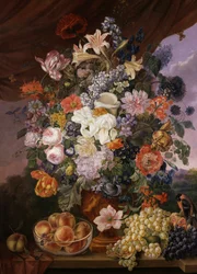 Owoce i kwiaty na półce z krajobrazem. Obraz Franza Xavera Pettera (1791-1866) Kolekcja prywatna.