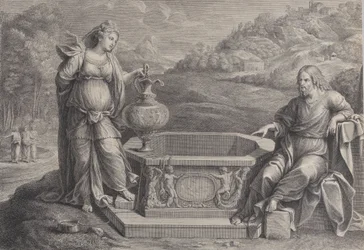 Chrystus siedzący po prawej i kobieta z Samarii, stojąca po lewej, ok. godz. 1729.