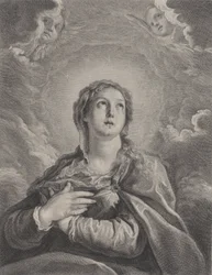 Dziewica, ręce złożone na piersi, patrząc w górę, 1729-40.