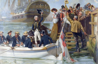Żegnaj młody człowieku! Horatio Nelson opuszczający Portsmouth (kolorowa litografia)