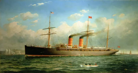 Cunard Liner R.M.S. Umbria przy Brooklyn Heights, nad East River, Nowy Jork