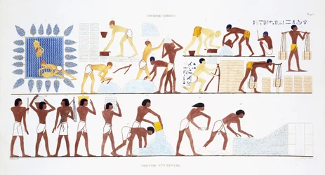 Brick-Making, from a Rare Record of Frescoes from Thebes, nagrany w latach 1819-1822 podczas jego drugiej wizyty w Egipcie przez Frederica Cailliauda (1787-1869), litografia kolorowa