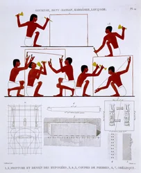 Stonemasons at Work, from a Rare Record of Frescoes from Thebes, nagrany w latach 1819-1822 podczas jego drugiej wizyty w Egipcie przez Frederica Cailliauda (1787-1869), litografia kolorowa