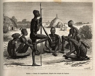 Dinkas ze wsi Koudj (Senegal), którego ciało pokryte popiołem, aby chronić je przed owadami i pasożytami, jest również cechą kosmetyczną i społeczną, wyrytą według rysunku Laguillermie, ilustrującego podróż do serca Afryki w latach 1868-1871