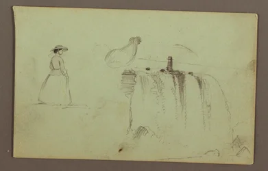 Rysunek przedstawiający idącą dziewczynę, przykucniętego kurczaka i wodospad American Falls na rzece Niagara, prawdopodobnie 1856 r.