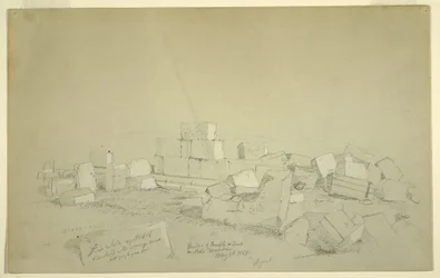 Rysunek, grobowiec Abelsa na górze powyżej Suk Wadi, 4 maja 1868 r.