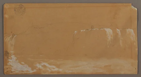 Rysunek przedstawiający wodospad American Falls, wyspę Goat Island i część wodospadu Horseshoe Falls widziane z kanadyjskiego brzegu rzeki Niagara, prawdopodobnie 1858 r.