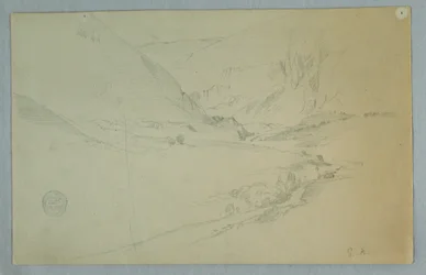 Rysunek przedstawiający andyjską dolinę górską z wijącym się strumieniem, Kolumbia lub Ekwador, 1857 r.