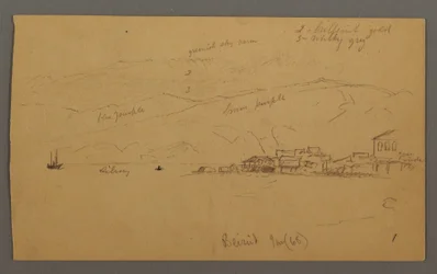 Rysunek, Zatoka z domami, góry z tyłu, styczeń 1868 r.