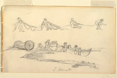 Rysunek, łódź z kobietą i dziećmi, lipiec-sierpień 1858 r.