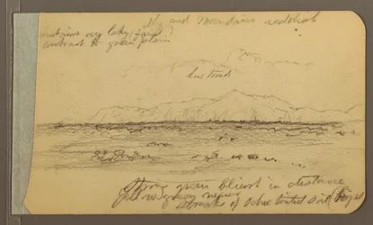 Rysunek, kościół, wieża, dom; Verso: pasmo górskie, 1889 r.
