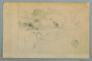 Rysunek, Odległy widok wybuchającego wulkanu Sangay, Ekwador, 1857-62 r.
