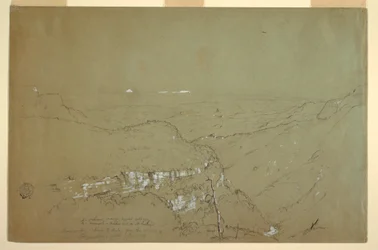 Rysunek, Odległy widok na wulkany Tolima i Ruiz z okolic wodospadu Tequendama, Kolumbia, czerwiec 1853 r.