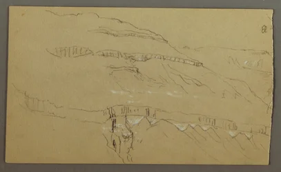 Rysunek, dolina El Yemen, Arabia: Skalna ściana z górną częścią przypominającą rząd kolumn, 20 lutego 1868 r.