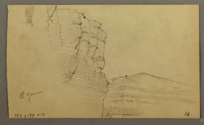 Rysunek, dolina El Yemen, Arabia: Skalna ściana z górną częścią przypominającą rząd kolumn, 20 lutego 1868 r.