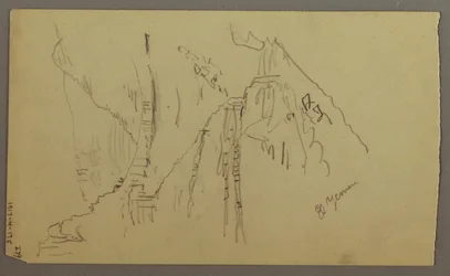 Rysunek, Dolina El Yemen, Arabia: Widok na krętą dolinę z karawaną, 20 lutego 1868 r.