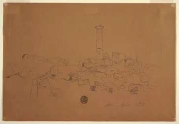 Rysunek, przewrócona kolumna, świątynia Zeusa Olimpijskiego, Ateny, 24 kwietnia 1869 r.