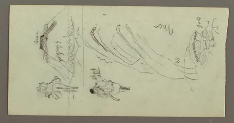 Rysunek, postać jadąca na wielbłądzie, postać idąca, Hilside i Hilltop, prawdopodobnie 1868 r.