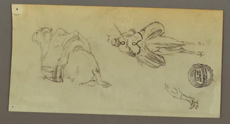 Rysunek, postać jadąca na wielbłądzie, siedzący wielbłąd, prawdopodobnie 1868 r.