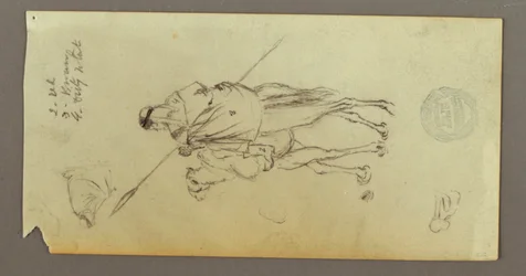 Rysunek, postać jadąca na wielbłądzie, niosąca włócznię, dwa studia postaci, prawdopodobnie 1868 r.