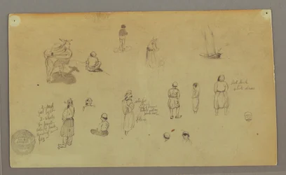 Rysunek, studium postaci, osioł, żaglówka, prawdopodobnie 1868 r.