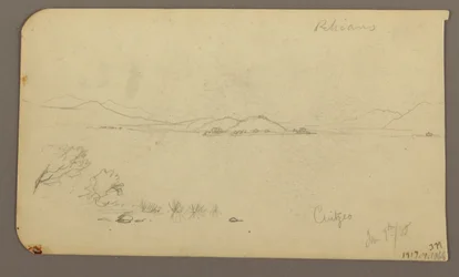Rysunek, postać i wóz z wołem, drzewo cyprysowe; Verso: Widok na jezioro Cuitzeo, styczeń 1885 r.