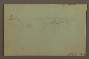Rysunek, kwitnąca roślina i skała między amerykańskim i kanadyjskim wodospadem Niagara, prawdopodobnie 1858 r.