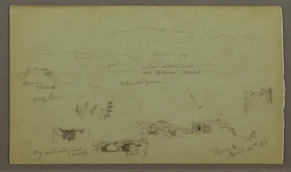 Rysunek, pasmo wzgórz po drugiej stronie równiny, ruiny, 28 kwietnia 1868 r.
