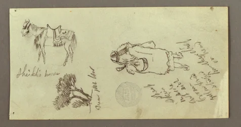 Rysunek, koń, postać od tyłu, drzewa, prawdopodobnie 1868 r.