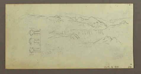 Rysunek, koń, postać od tyłu, drzewa, prawdopodobnie 1868 r.
