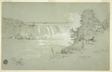 Rysunek przedstawiający wodospad Horseshoe Falls i wyspę Goat Island z Canadian Bank, 6 października 1856 r.