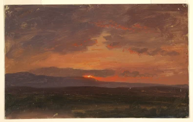 Rysunek przedstawiający dolinę Hudson w stanie Nowy Jork ze słońcem zachodzącym za górami Catskill, 1855-65
