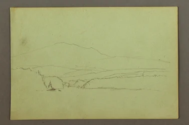 Rysunek, jezioro, pasmo wzgórz, prawdopodobnie 1856 r.