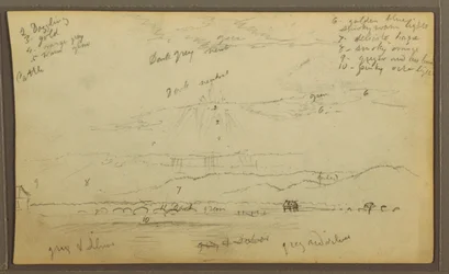 Rysunek, Pejzaż; Verso: Domy, Kajak, 1857