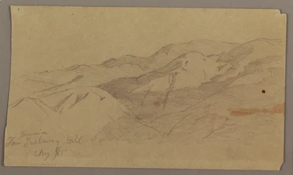 Rysunek, widok krajobrazu z farmy Galleway Hill, Jamajka, Indie Zachodnie, sierpień 1865 r.