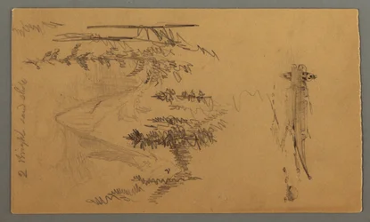 Rysunek, mężczyzna w łodzi, Rocky Peak over Pines, prawdopodobnie 1868 r.