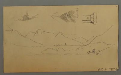 Rysunek, średniowieczny zamek, dwie wieże, studium postaci, niedaleko Thun, prawdopodobnie 1868 r.
