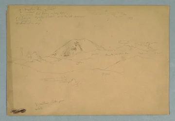 Rysunek przedstawiający szczyt górski, prawdopodobnie Chimborazo, wznoszący się nad trzema kolejnymi pasmami górskimi, Ekwador, 1857 r.