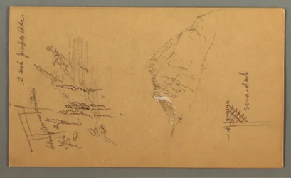 Rysunek, Szczyt górski, roślinność przy basenie, 1868 r.