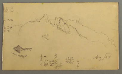 Rysunek, Szczyty górskie, przydrożna kapliczka, sierpień 1868 r.