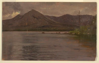 Rysunek przedstawiający górę Katahdin znad jeziora Katahdin, 1877 r.