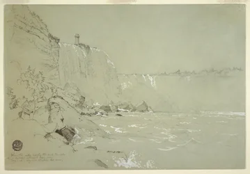 Rysunek przedstawiający wodospad Niagara z wieżą Terrapin, 1856 r.