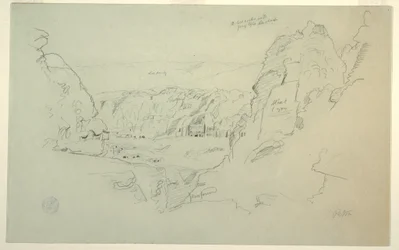 Rysunek Petra, Jordania od zachodu, przedstawiający pałac i grobowce korynckie, 26 lutego 1868 r.