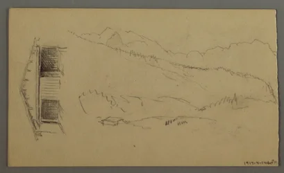 Rysunek, dachy, brama, szczyty górskie, sierpień 1868 r.