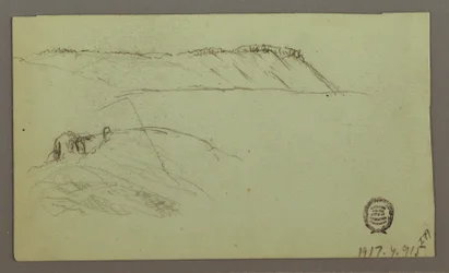 Rysunek, Ruiny otoczone murami, namioty, dwa studia postaci, 28 kwietnia 1868 r.