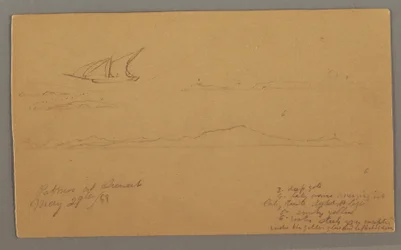 Rysunek, żaglowiec, górzyste wybrzeże, wyspy, 29 maja 1868 r.