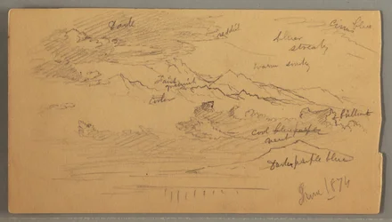 Rysunek, Ostre szczyty górskie, zachmurzone niebo, czerwiec 1874 r.