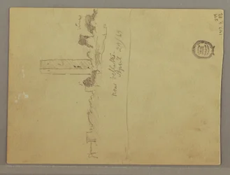 Rysunek, Szkice z Włoch: Budynek z wieżą, górą i człowiekiem, 29 kwietnia 1869 r.