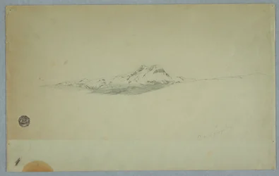 Rysunek, ośnieżony szczyt wulkanu, 1850-60