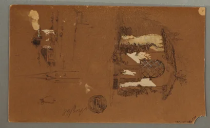 Rysunek, Studium chatki, mężczyzna z fajką, kaczki, 1868